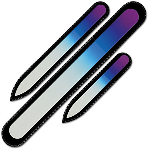 Mont Bleu Conjunto de 3 limas de uñas de cristal de color en estuche de terciopelo negro, vidrio templado checo auténtico, Garantía de por vida | Fabricado a mano en la República Checa