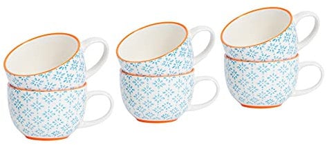 Nicola Spring Patterned Vintage Style Cappuccino/Coffee/Tea Cups - 250ml Blue/Orange Print Design - Box Of 6
