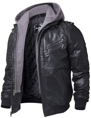 FLAVOR Giacca di Pelle Vera Uomo Moto Cappuccio Staccabile