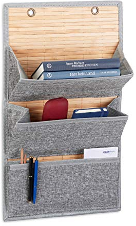 Relaxdays 1 x Wandorganizer Bambus, 3 Jutemuster Fächer, HBT 58x34x15 cm, Zeitungshalter Büro und Flur, Hängeaufbewahrung, grau