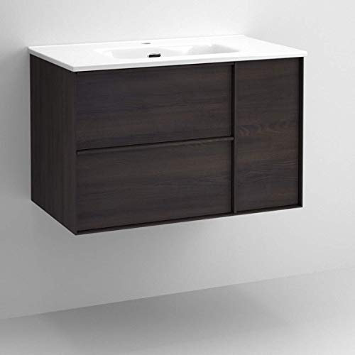 Mueble de Baño Suspendido con Lavabo Cerámico Oslo| 2 cajones y 1 Puerta con Cierre Amortiguado y Organizador| Guías Hettich Medidas (Nogal Oscuro, 100)