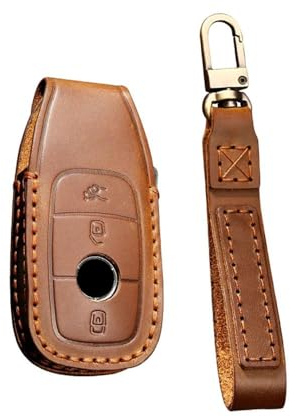 HIBEYO Smart Autoschlüssel Hülle passt für Mercedes Leder Schutzhülle Funkschlüssel Schlüsselhülle Cover für Benz E S A Klasse CLA GLA GLE GLC GLK AMG Schlüsselbox Schlüsselanhänger-A Braun
