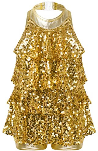 IEFIEL Maillot Lentejuelas de Patinaje Artístico para Niña Leotardo de Ballet Gimnasia Maillot de Baile Latino Jazz Disfraz de Bailarina 3-16 Años Dorado 7-8 años