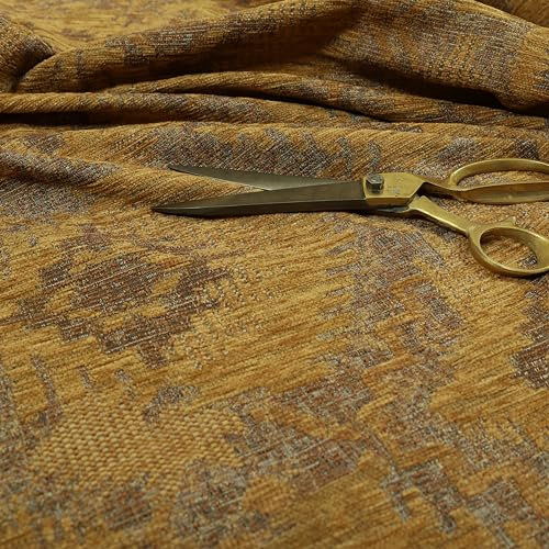 Redbrick Mill Fabrics Verblasster Kelim, traditionelles Muster, gelber Chenille-Möbelstoff, Vorhang- und Polsterstoff (1 Meter)