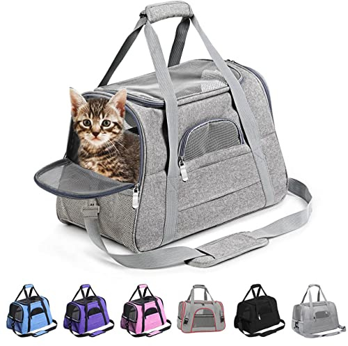 KJSXUUE kleine Hunde Transportbox,transportbox Katze, Atmungsaktive und Faltbare Hundebox mit Verstellbarem, Katzentransportkäfig mit Abnehmbarer Plüschmatratze (Grau)