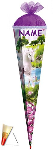 Schultüte - Einhorn 85 cm 6 eckig - incl. Namen - mit Holzspitze/Tüllabschluß und Glitzer - Zuckertüte Roth Pferd Einhörner Glitzer Glitter Borte