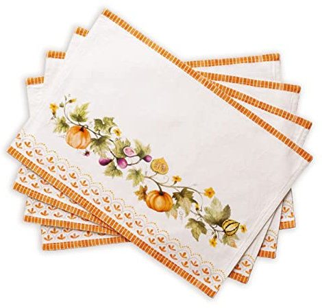 Maison d' Hermine Placemats Set of 4 100% Cotton Washable Cloth Place Mats, Reusable Table Mats for Kitchen Dining Decoration, Party, Wedding, Restaurant (Pumpkin Garden - Cloudy Cream, 33 CM x 48 CM)