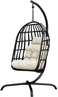 Mirjan24 Hängesessel mit Gestell und Kissen Loloz, Outdoor Hängestuhl Hängekorb Hängesitz Stahlskelett (Schwarz/Beige)