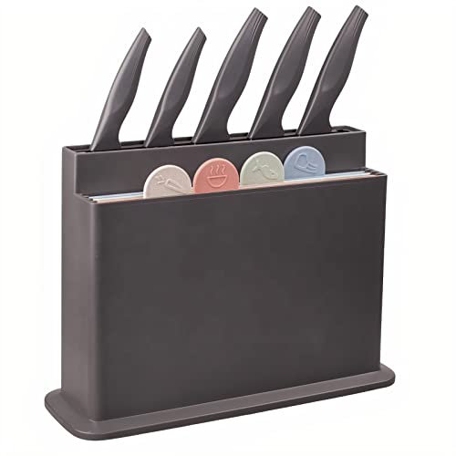 Surepefy Index Chopping Board Set with Knives, Food Grade Plastic Cutting Board Set & Knives, 4pcs Plastic Colour Coded Chopping Board Set & 5pcs of Knives (Grey)