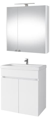 Planetmöbel Waschbecken mit Unterschrank inkl. Keramikwaschbecken 63 x 60 x 36,5 cm, Spiegelschrank 60 cm mit LED-Leuchte (Chrom) & Steckdose, modernes Badmöbel Set, weiß