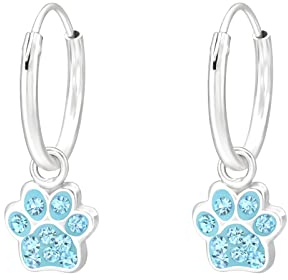 Laimons Kinder Mädchen-Ohrringe Creole Ohrhänger Hundepfote 7 mm Glanz mit Glitzer aus Sterling Silber 925 (Hellblau)