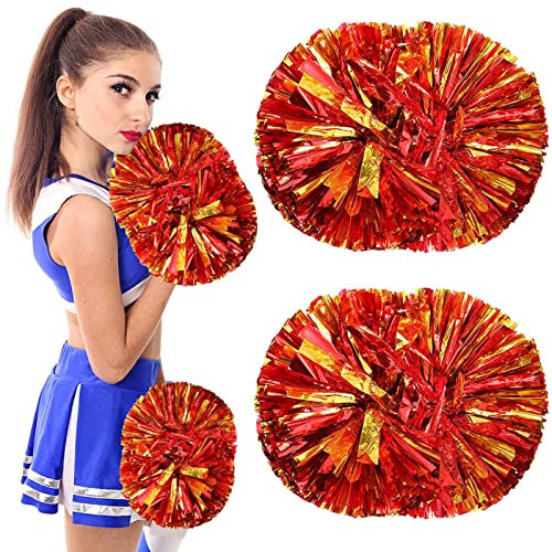 Colexy Cheerleading Pompoms, 2 Stück Metallfolie Cheerleading Pom Poms, Cheerleader Pompons Handblumen mit Handle, Cheerleading Pom Poms Tanzpuschel, für Sport Wettbewerb Team Geist (Rot+Gold)