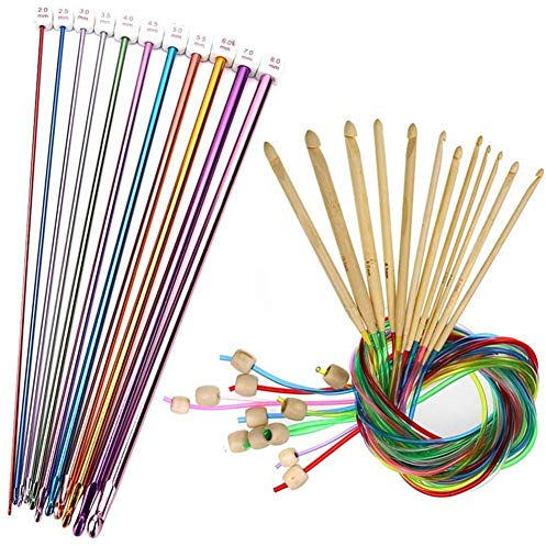23 Pieces Tunisian Crochet Hooks Set 3-10 mm Cable Bamboo Knitting Needle with Bead Carbonized Bamboo Needle