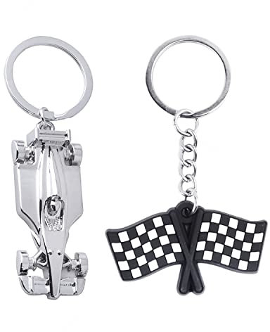 PFLYPF 2 Stück Metall-Schlüsselanhänger, silberner Renn-Schlüsselanhänger, Automodell-Schlüsselanhänger, Flaggen-Schlüsselanhänger, personalisierter kreativer Schlüsselanhänger, Rennanhänger für