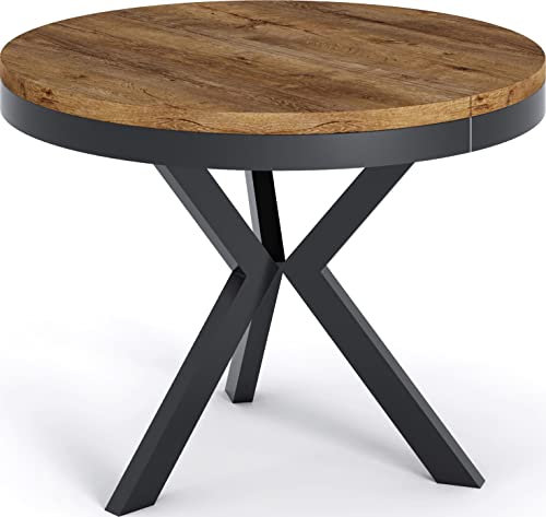 WFL GROUP Runder Ausziehbarer Esstisch im Loft-Stil - Industrieller Tisch mit Schwarzen Metallbeinen - Platzsparender Tisch für Wohnzimmer - Lefkas Eiche - 100 bis 140 cm