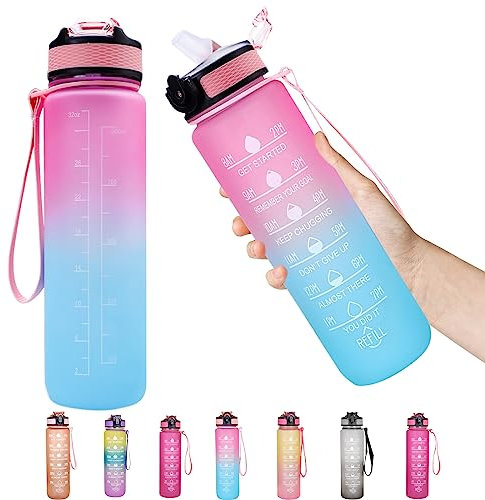 RuiDay Bouteille d'eau 1 Litres,Gourde Sport Sans BPA,Gourde avec Paille, ?tanche,Bouteille de sport pour Fitness,Sport,Plein Air, Randonn?e (rose + vert)