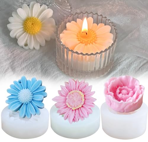 3 PCS Moule en silicone marguerite tournesol Fleur,Decoration fleurs pour gateau Moule à savon fleur À moules pour bougies Fleurs moule Fondant bougie DIY Moules à savon