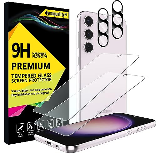 4youquality [4-in-1 Screen Protector for Samsung Galaxy S23 with Camera Lens Protector, Tempered Glass Film, 2-Pack Each, [LifetimeSupport][Impact-Resistant][Anti-Scratch][Ultra-Transparent]