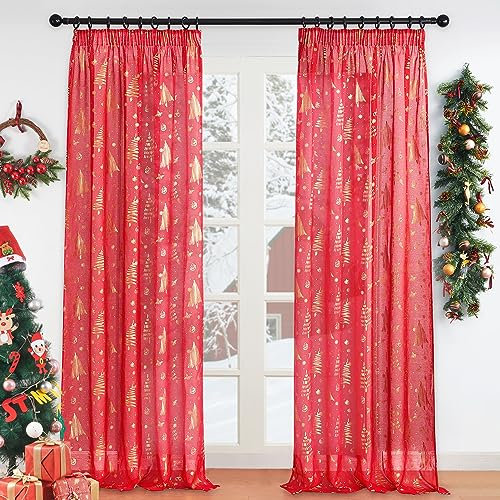 Topfinel Gardinen mit Kräuselband Transparente Weihnachten Vorhänge für Schienensystem Weihnachten Rot Vorhang Wohnzimmer 245x140 cm(HöhexBreite), Weiß, 2er Set