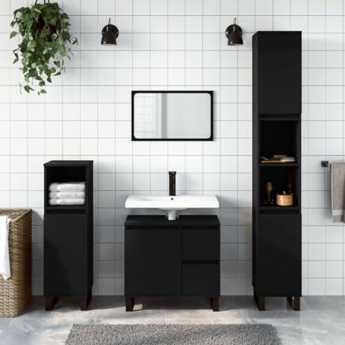 Homgoday 3-TLG. Badmöbel-Set Hochschrank Badezimmerschrank Midischrank Unterschrank Waschbeckenunterschrank Badschrank Schrank mit viel Stauraum Schwarz Holzwerkstoff