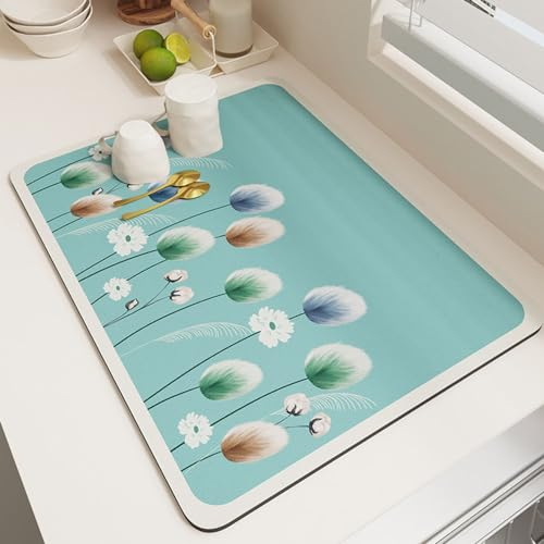 Hixingo Súper Absorbente Bayeta Escurreplatos, Antideslizante Dish Drying Mat Estampado de Mar de Flore Alfombra Escurreplatos,Diatomita Alfombrilla Cafetera (40x50cm,Flor Blanca)