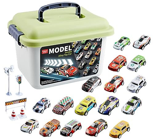 30 Pièce Lot Petites Voitures Jouets Metal Voiture Jouet Enf-ant Cascadeuse Mini Voitures De Course Apporter Valise Avec Carte Routière Et Panneau Routier De Course Voiture En Alliage STEM Pour Enfant