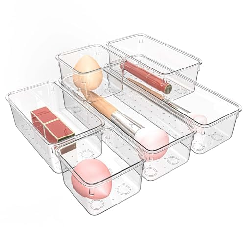 Kriovoa 6 Pack Clear Drawer Organiser, Versatile Drawer Storage Trays with Non-Slip Pads, Acrylic Plastic Desk Organiser Drawer Dividers for Makeup,Vanity, Kitchen, Bathroom, and Office.