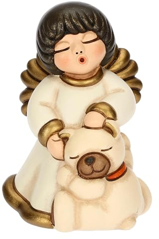 THUN, Angelo con Teddy Seduto in Ceramica Decorata a Mano, Linea Baby, 5.5 x 5.3 x 7.5 cm h