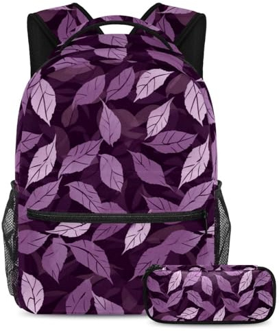 Bleiben Sie organisiert und stilvoll mit unserem 2-teiligen Schultaschen-Set, Rucksack und Federmäppchen, perfekt für Jungen, Mädchen und Teenager, violettes Blattmuster, mehrfarbig, B：29.4x20x40cm\