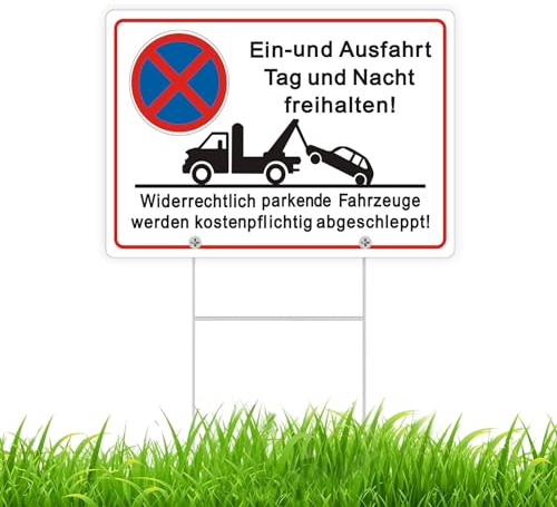 Ein und Ausfahrt Freihalten Schild mit 35cm Pfosten 30x20cm Metall Alu Schild Ein-und Ausfahrt Tag und Nacht Freihalten Warnschild Groß mit UV Schutz für Außenbereich Innenbereich