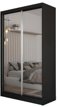 Margaret Hadas24 Kleiderschrank Darix mit Spiegel, Organizer, Mehrzweckschrank, Schwebetürenschrank, Garderobenschrank, Kleiderstange, Kleiderständer, Flurschrank, 2-türig, Schrank, schwarz, 120 cm