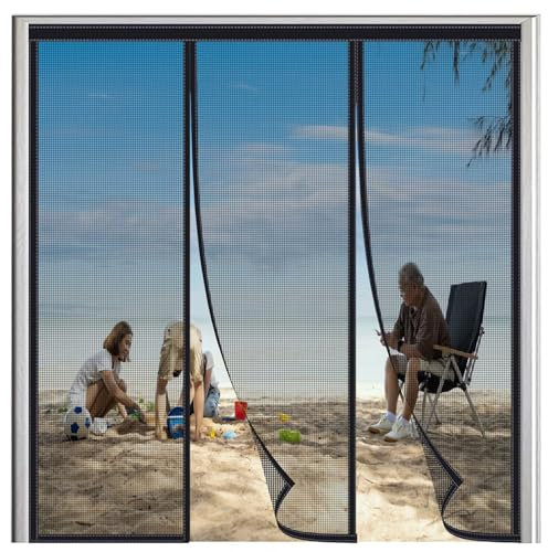 Insektenschutz tür 140x240cm Schwarz Vorhang in Fliegengitter aus Fiberglas Lamellen mit eingenähten Gewichten und Selbstklebender PVC Klemmleiste Fliegenvorhang