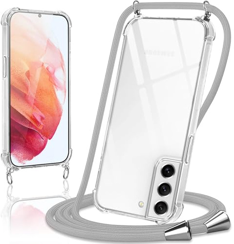 Coiwxmoi Handykette Handyhülle für Samsung Galaxy S21 / S30 Hülle mit Band 6.2,Transparent Case mit Kette Abnehmbar zum Umhängen Kordel Schutzhülle,Weich Silikon TPU Stoßfest Cover,Grau