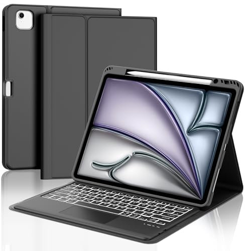 JADEMALL Tastatur iPad AIR 13 m2 - Kabellose Tastatur für iPad AIR 13 m2 2024/Air 13 m3 2025,Schutzhülle mit Pencil Halter (Schwarz, 13 - Beleuchtung & Touchpad)
