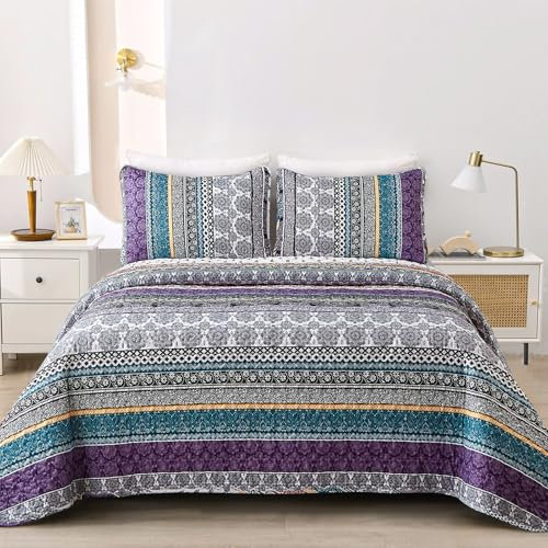 WONGS BEDDING Tagesdecke 220x240 Bettüberwurf Boho Decke Steppdecke 3 Teilig Doppelbett Gesteppt Bettdecke Mikrofaser Wohndecke mit 2 Kissenbezug 50x75 für Schlafzimmer als Sofaüberwurf, Purple