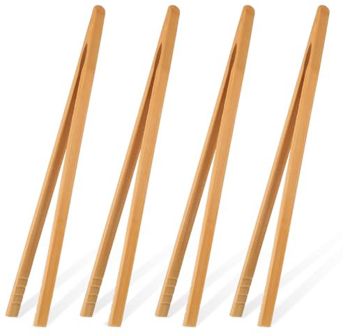 LIQWEI 4 Stück Bambus-Toastzange, 25cm Holzzange, Rutschfestem Wiederverwendbare Küchenzange Bambus Zange Toast Kleine Küchenzange für Salat Grillen Braten Kochen Brot