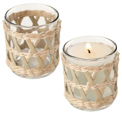2pcs gewebte Rattan -Kerzenhalterin, Strohgewebeglas dekoratives Teelicht Kerzenhalter für Esstisch Küchenhochzeitsdekor, 2, 76x3.15 Zoll