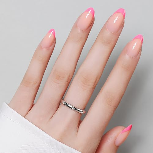 Luxbon French Almond Press On Nails, 25-30pcs with No-Cure Glue, Hot Pink | Acrylic stick on nails. No need UV lamp. Full size set. Reusable. For women. For daily & party occasions. Ideal gift.