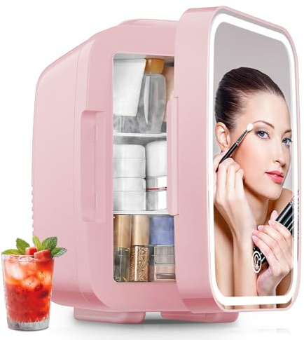 FOHERE Mini Fridge for Bedrooms, 5L/6 Can Portable Skincare Fridge | Dimmable LED Light Mirror, Cooler & Warmer for Food, Drinks and Cosmetic (Pink) [Energy Class E]
