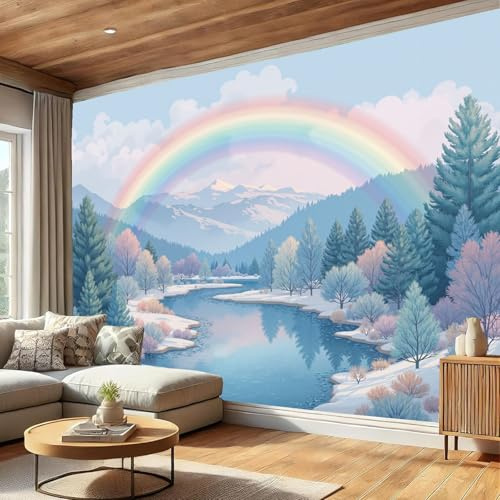 Fototapete Tapete Comic-Landschaft Am Fluss, Tapeten Wandtapete Fototapeten Regenbogen-, Wohnzimmer, TV Hintergrund Wandtapete, Poster Bilder Wand Deko, ‎150x105cm (B×H), Himmelblau