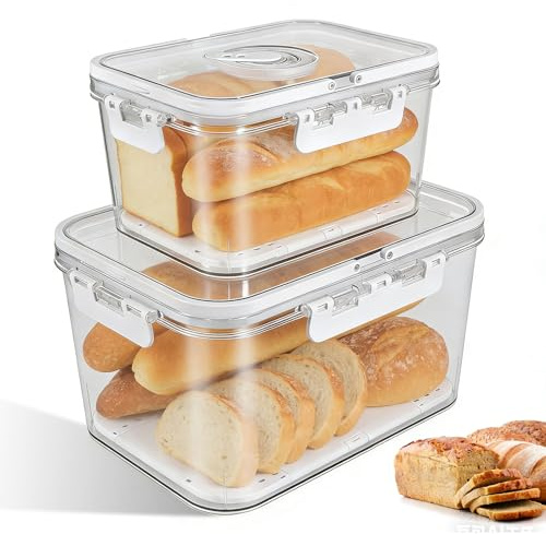 Kinberry Bread Storage Containers with Ice Pack Ready Base for Fresh Bread | Removable Drain Tray, Built In Date Tracker, Airtight Seal, Clear Durable Design, Hidden Carry Handle, 2 Pcs