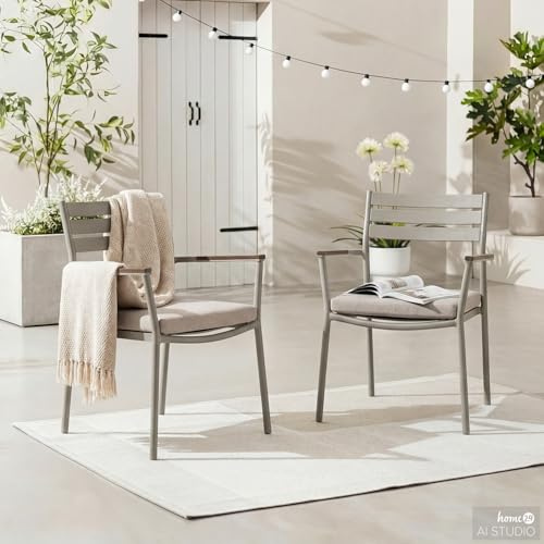 home24 Gartenstuhl 2er-Set Grau mit Polywood-Armlehnen, Pulverbeschichtetes Aluminium & Polyesterbezug, UV-beständiges Sitzmöbel für den Außenbereich