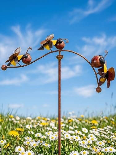 POMMERNTRAUM ® | Windspiel Bienen Gartenstecker Gartenwindspiel Insekten Mobile Unruhe Windspinner Metallblech Handarbeit Bienenwindspiel Gartenmobile Bienendeko Windpendel Tierdeko (Bienenfamilie-01)