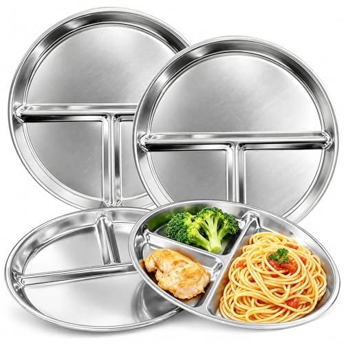 4 Stück Edelstahl Teller Set Ø23cm, 3 Fächer Menüteller aus Edelstahl 304 | Teller mit Unterteilung, Portionskontrollteller, BPA Frei, Spülmaschinenfest, für Camping, Küche, Startseite, Schule, Kantine