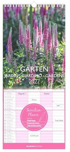 Gärten 2027: Familienkalender 19,5x45 cm mit 4 Spalten, Gartenmotiven, Feiertagen, Schulferien & 4-sprachigem Kalendarium, für Familienorganisation