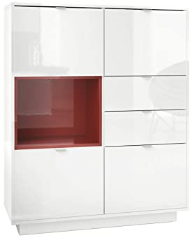 Vladon Highboard Sideboard Metro, Made in Germany, Korpus in Weiß Hochglanz/Fronten in Weiß Hochglanz mit Einsatz in Bordeaux Hochglanz