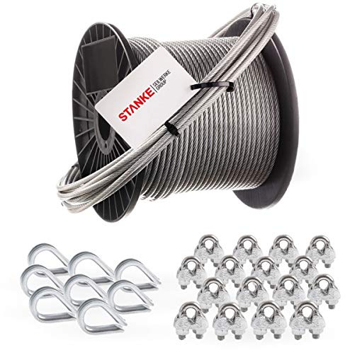 Seilwerk STANKE Cuerda de acero galvanizado en cubierta de PVC 20m, Cuerda de acero con diámetro 6mm 6x7, 8x guardacabo, 16x abrazadera - SET 3