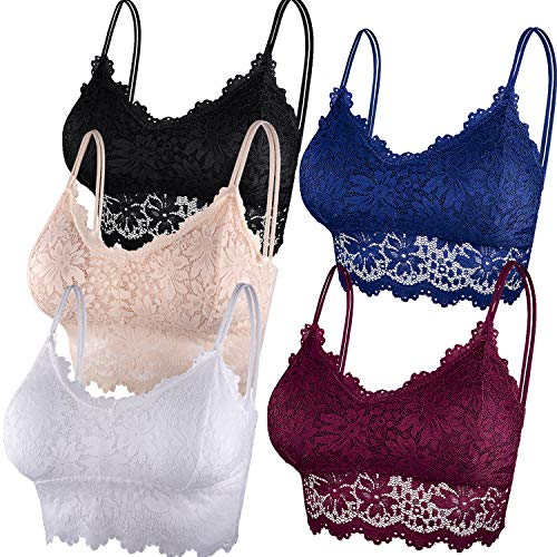 Duufin 5 Pieces Padded Lace Bralette Bandeau Tube Bra with Straps and Removable Pads for Women Girls, Red, Blue, Black, Beige, White, L-XL