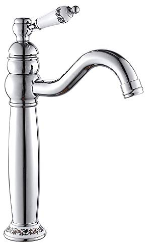 Miscelatore Lavabo Bagno Alto Classico in Ottone Rubinetto Monocomando Lavabo Alto Maniglia in Ceramica per Bagno con Acqua Caldo e Freddo (Argento)