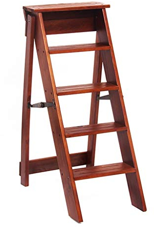 ZHZ-DT Leiterstuhl 5 Stufen Klappbar Holz Haushaltsleiter Tritthocker Faltbar Hockerleiter Trittleiter for Erwachsene Kinder Klappleiter Klappstufen für Bibliothek Dachboden Workzone, Walnuss
